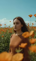 a woman standing in the middle of a field of flowers