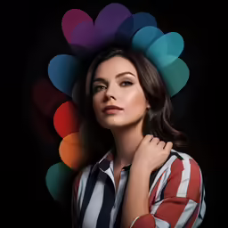 a girl in a white and black striped shirt is posing with her hand on her shoulder