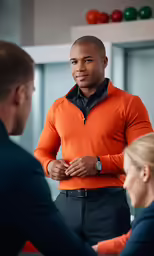 man with orange shirt and dark pants looking into camera while standing in front of two women