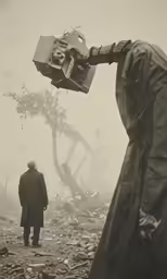 an image of a man walking in the middle of a bombed area