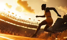 a man running across a race track in front of an audience