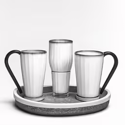 an iron tray with three glasses on top of it