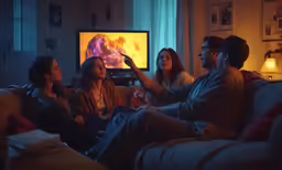 group of people sitting around watching tv together