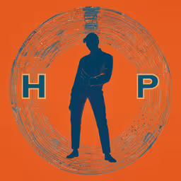 a drawing of a person in a suit standing in front of an orange background,man in silhouette standing inside circular graphic artwork