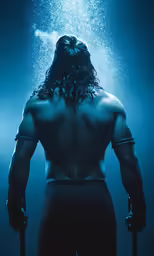 a body - hugging man under a blue light with a beard and no shirt on