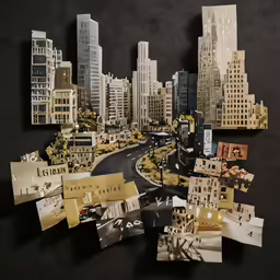 collage of buildings and pictures on black paper