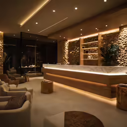 a stone room has couches and chairs