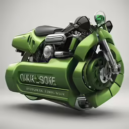 a green motorcycle that is in the middle of a grey background
