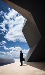 the man in the suit is standing outside near a window
