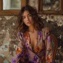 the beautiful lady is posing with her hands on her hips,woman in floral dress sitting on chair in a room