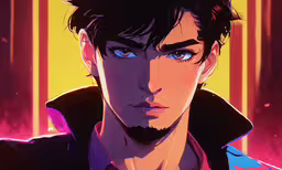 a anime character, wearing a black coat with red and blue eyes,an anime image with the title overlaid, on a red and yellow background