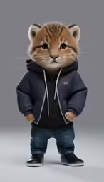 an image of a cat in a jacket and jeans