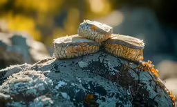 some food is stacked on top of a rock
