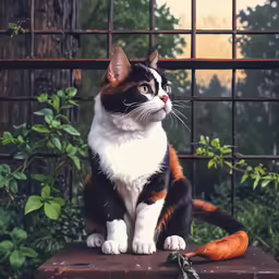 a black white and orange cat sitting on top of a box