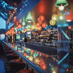 brightly lit bar with many bottles and chairs