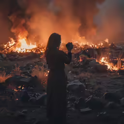 the woman in the robe is praying in front of the fire