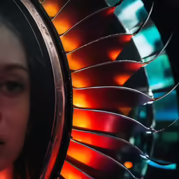 a girl looking at her reflection in a round lens with different colored lights