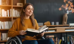 a young woman sitting on her wheelchair reading a book