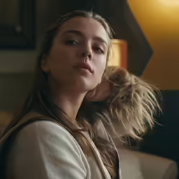 a woman holds her head against her ear while sitting on the couch