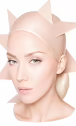 a woman with a shaved head has a pink and beige hair style