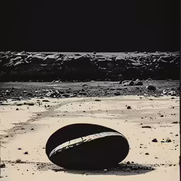 a large black and white soccer ball on a sandy beach