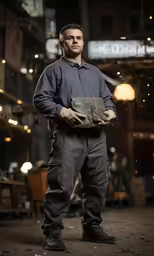 a man wearing an uniform and gloves holding a case