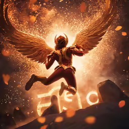 the angel is flying in the sky near a large sign