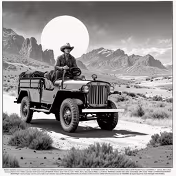a man in cowboy hat driving a jeep through the desert,an old jeep driver with his jeep at sunset