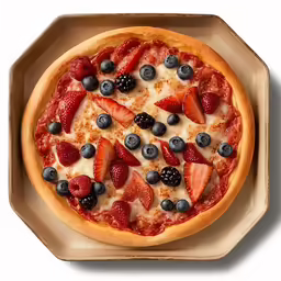 pizza with fruit on top is in a cardboard box