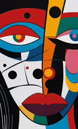 an abstract painting on the wall shows two colorful faces