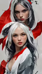 two girls wearing red are posing in front of a white background