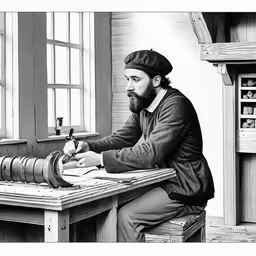 an old black and white photo of a man using a table