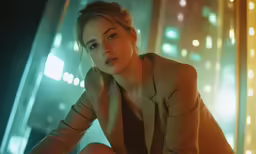 a woman wearing a tan sweater is sitting on a chair