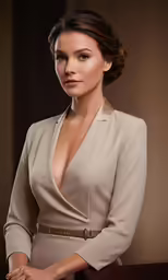 the beautiful actress is posing in a tan dress