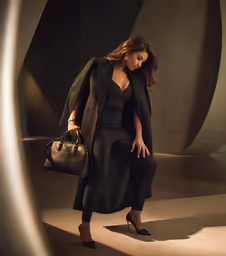 woman in black suit carrying purse and bag walking