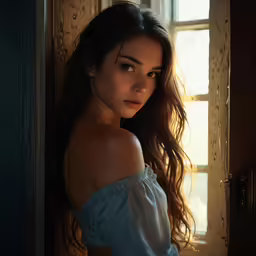 a woman in a blue shirt is by a window