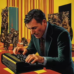 a man playing with a vintage black and yellow radio