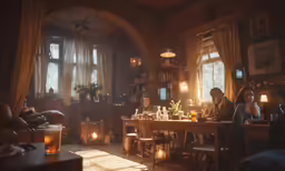 a group of people at a table in a dimly lit room