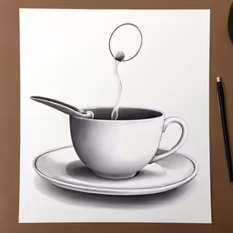 coffee art by david mcc of a black and white drawing of a teacup with a spoon