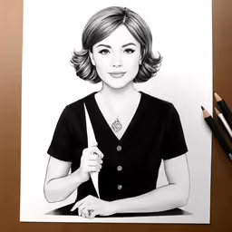 a drawing of a woman in black and white with a pencil