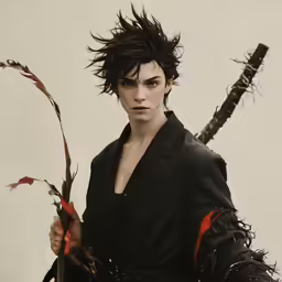 a man in black holding a bloody stick
