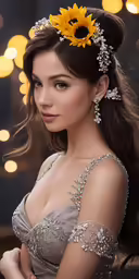 a woman in a silver dress and a sunflower in her hair