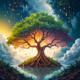 a tree with no leaves on it that has a large water hole underneath
