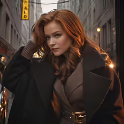 a woman with red hair wearing a black coat is walking