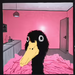 a large bird wearing headphones on its face