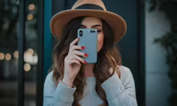 young beautiful woman holding camera with hat on her head