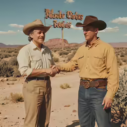 two men in cowboy hats shaking hands next to a sign