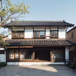 a house with white walls and wooden trim with windows