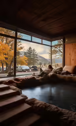 a room filled with a man in front of a window