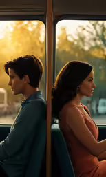 a young couple is sitting down on a bus